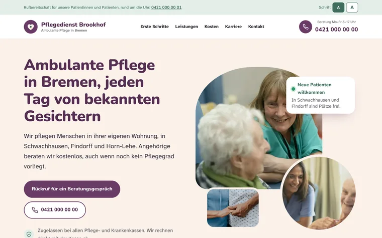 Startseite der Demo Pflegedienst Brookhof am Computer