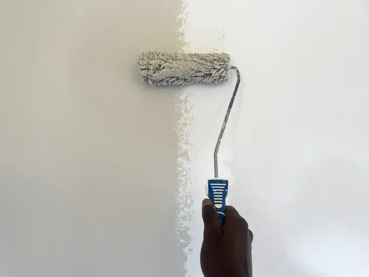 Farbrolle auf frisch gestrichener weißer Wand